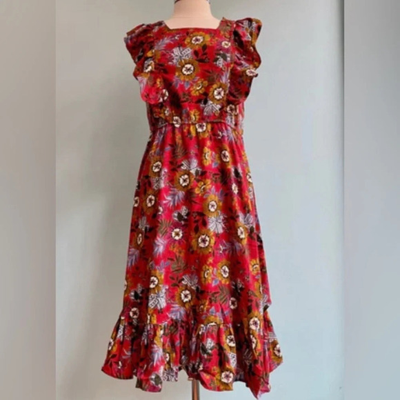 Molly Bracken red floral midi dress with ruffle sleeve size small - Picture 16 of 16